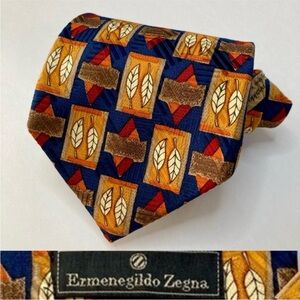 ERMENEGILDO ZEGNA Blue & Orange Autumn Flora Geometric Classic All Silk Tie